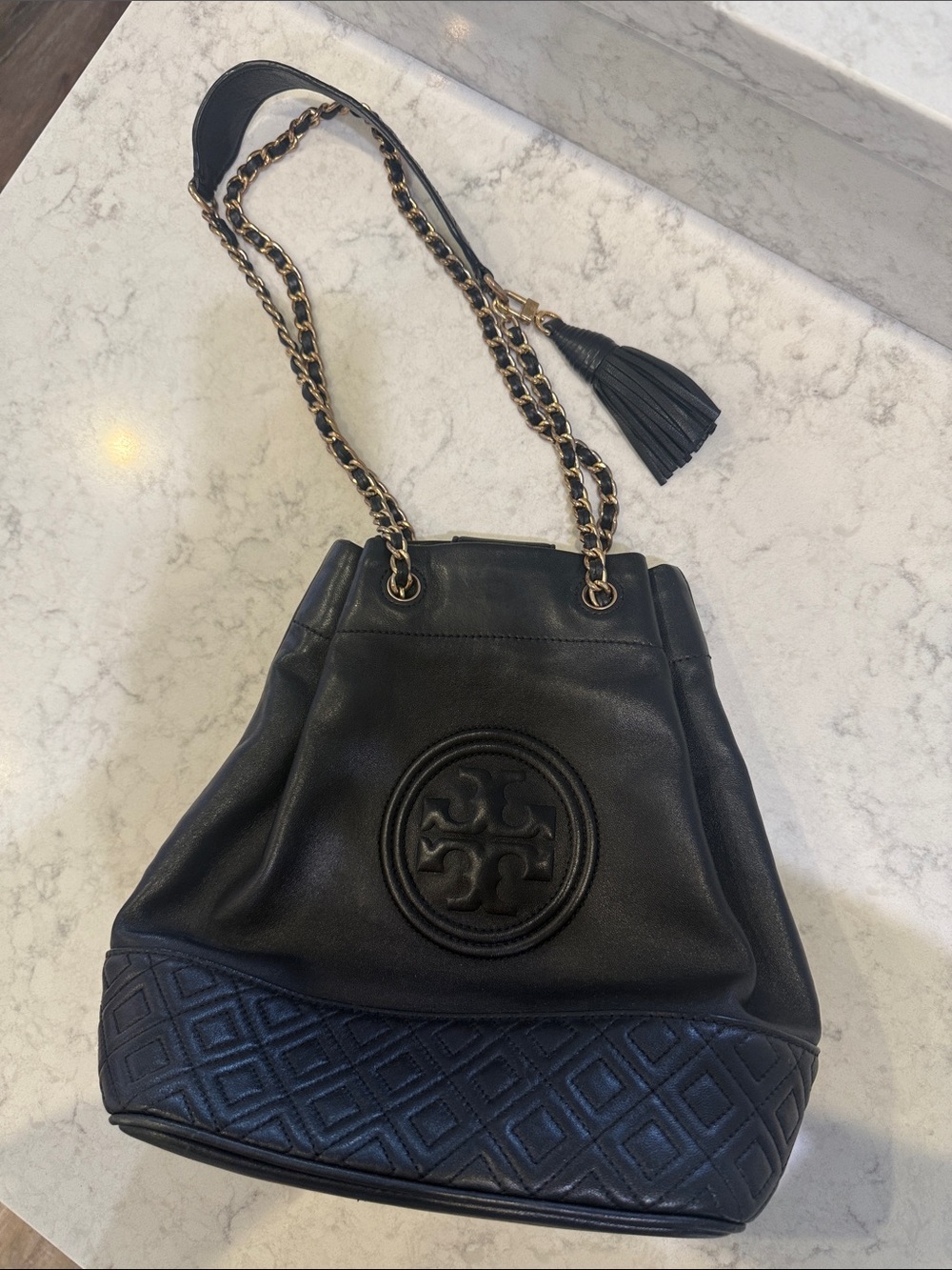 Tory Burch, Black Leather Shoulder Bag with Chain Strap